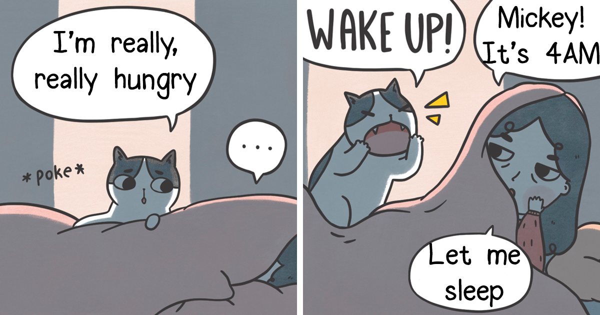 Artist Create Wholesome Comics About Two Rescue Cats And Their Human Who Understands Cat-Speak